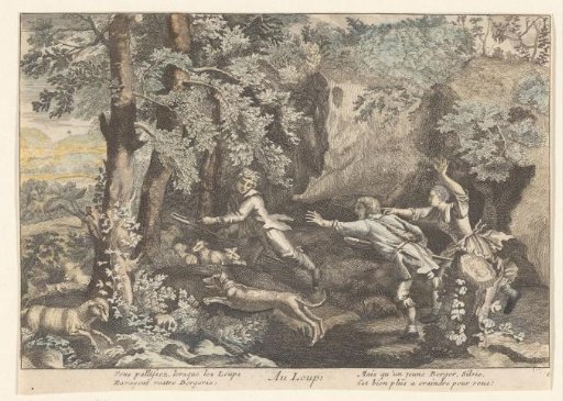 Shepherds chasing a wolf with a lamb in its mouth