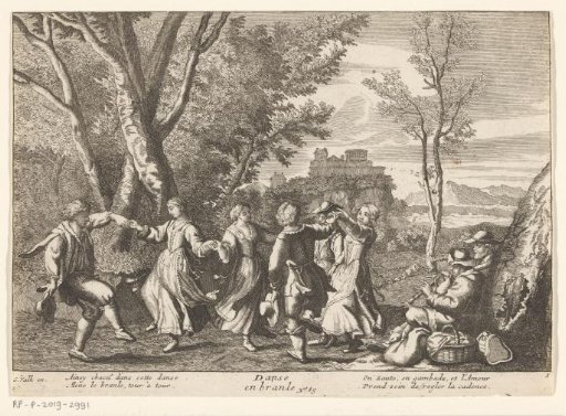 Dancing figures at the edge of a forest