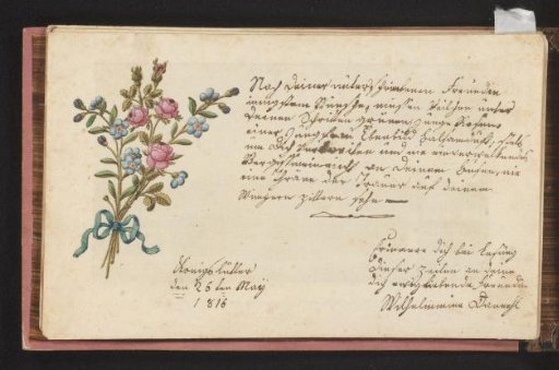 Roses and forget-me-nots tied together with text