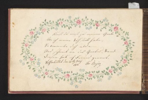 Text in a frame of roses and forget-me-nots