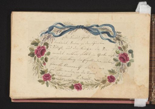 Text in a frame with roses and a bow