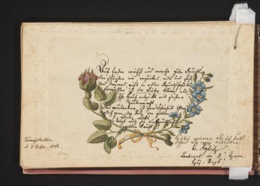 Text above a tied rose and forget-me-not