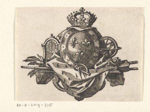 Vignette with a shield bearing three French lilies, a crown, a clock, and other objects