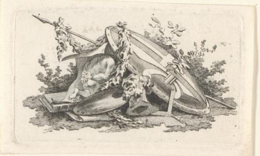Vignette with a spear, shield, painter's palette, and other objects
