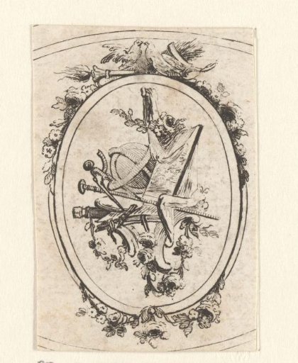 Vignette with a cartouche containing geometric instruments