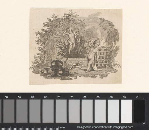 Putto with a jester's staff and putto with a crown