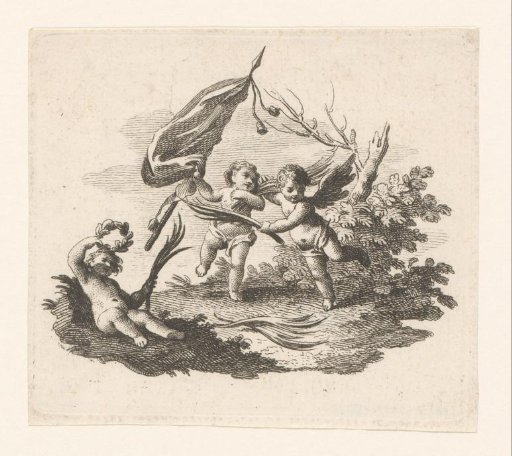 Three putti with palm branches and a banner