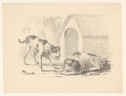 Two Dogs by a Doghouse