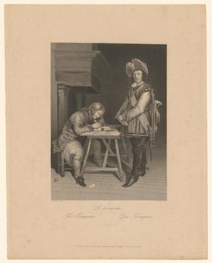 Trumpeter standing beside a writing man