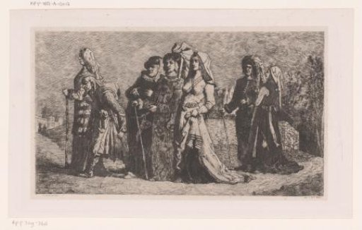 Procession of figures in historical dress in a landscape near a castle