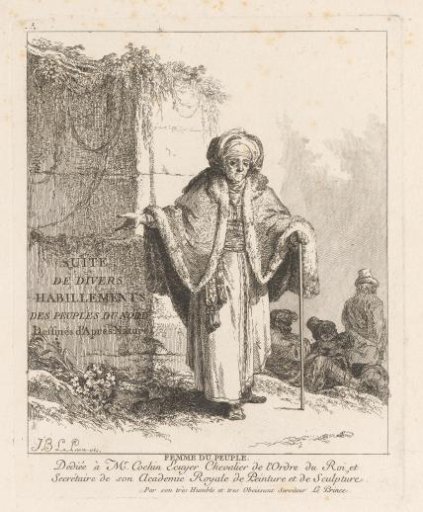 Title print with an old woman with a cane