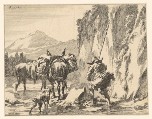 Two donkeys, a dog, and a shepherd wading along a rock wall