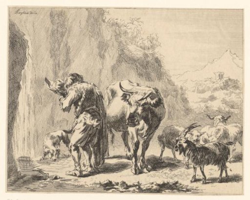 Shepherd drinking from his hat at a spring