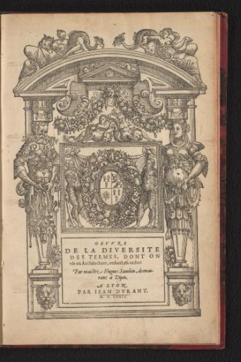 Title page of album with an arch carried by two terms