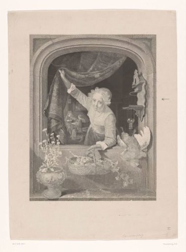 Woman with a basket of fruit in her hand by the window
