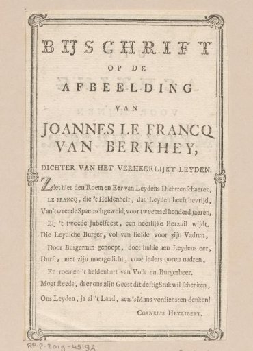 Text page accompanying portrait of Johannes le Francq van Berkhey