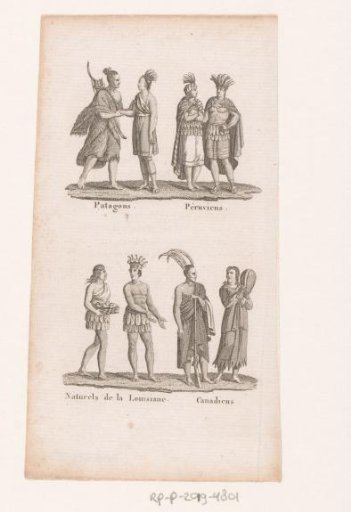 Possibly Selk'nam, Peruvians, indigenous inhabitants of Louisiana and Canada in costume