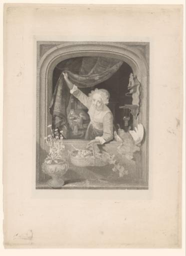 Woman with a basket of fruit in her hand by the window