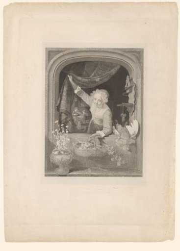 Woman with a basket of fruit in her hand by the window
