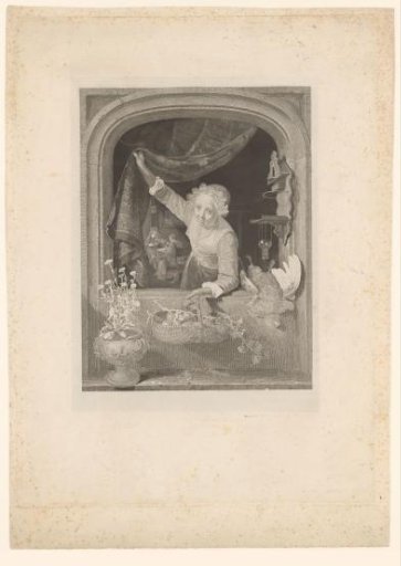 Woman with a basket of fruit in her hand by the window