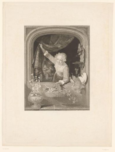 Woman with a basket of fruit in her hand by the window