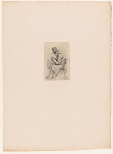 Old man with hat and walking stick seated on a chair