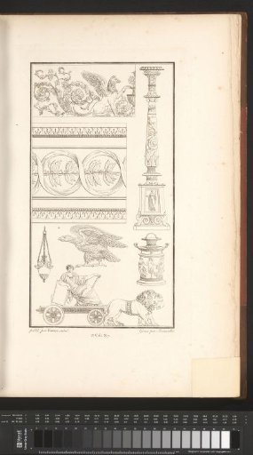 Friezes, candelabrum, and woman on a lion-drawn chariot
