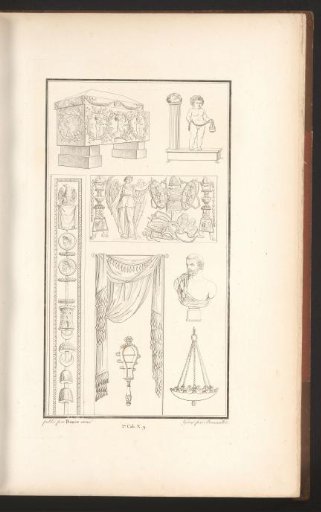 Sarcophagus, friezes, and chandelier