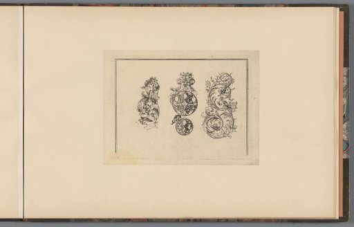 Design for a clock case and two leaf scrolls