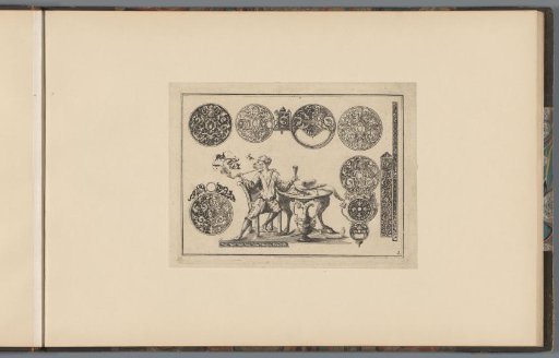 Designs for clock cases surrounding a man smoking and drinking at a table