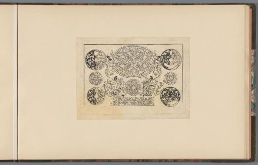 Seven designs for clock cases and a lid for a snuffbox