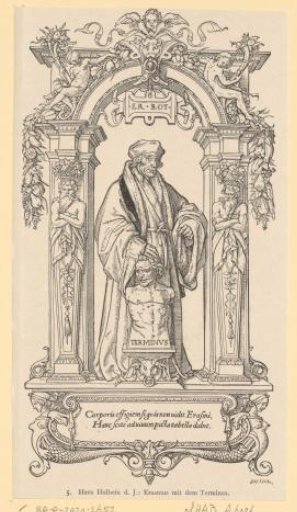 Portrait of Desiderius Erasmus under an arch with a statue of Terminus
