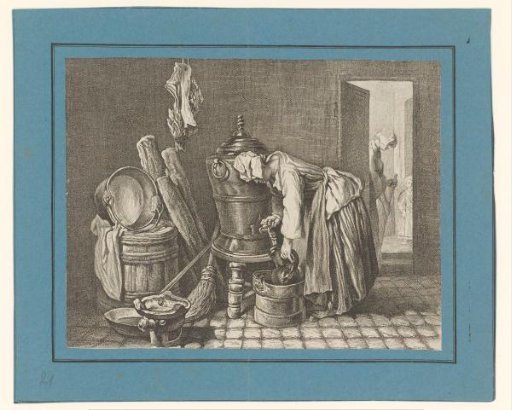 Interior with a woman filling a jug with water