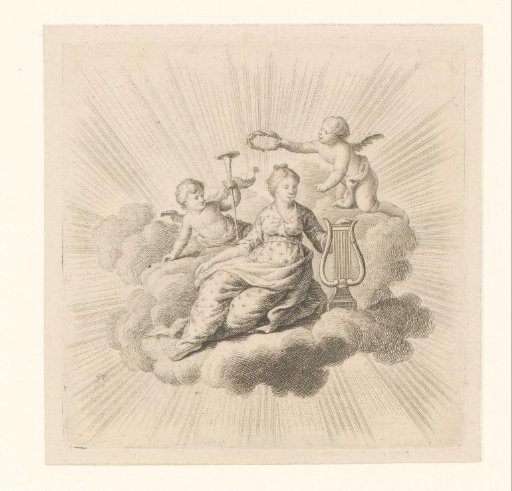 Vignette with woman with lyre and two putti on a cloud