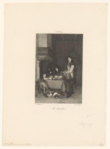 Interior with three men around a table