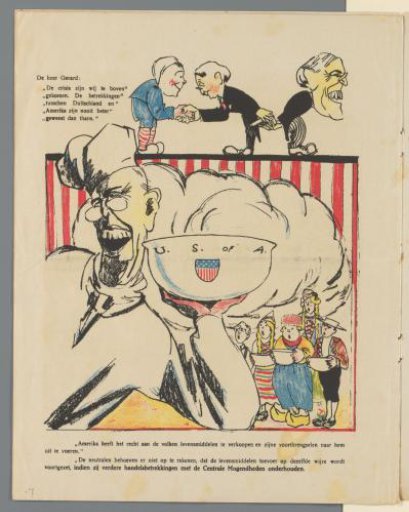 Figures in European national costumes gathered around a steaming bowl inscribed with 'U.S. of A.'
