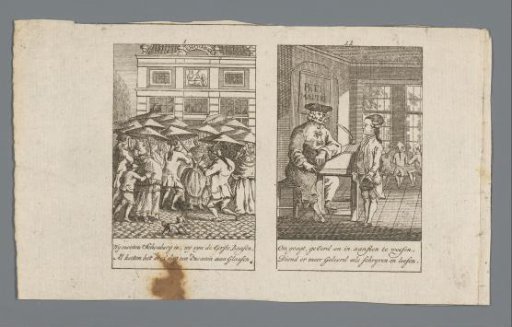 Group of figures with parasols in front of the theatre and young man in a classroom