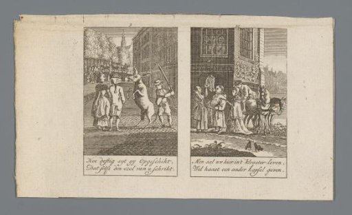 Donkey startled by a fashionable couple and woman taking off her wig for a monk