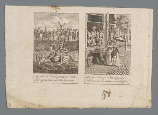 Man falling out of a rowing boat and fashionable woman with child on the street