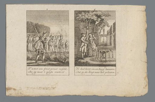 Fashionable couple with a pole across a ditch and monkey stealing a woman's hat