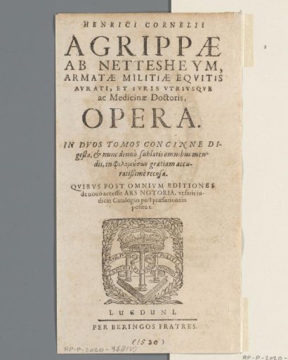 Title page for: Heinrich Cornelius Agrippa von Nettesheim, Opera, n.d.