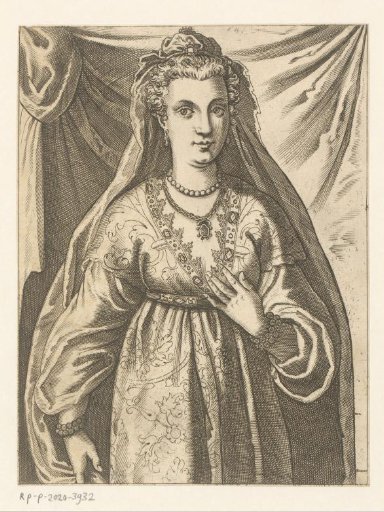 Venetian Woman with Jewelry and Long Veil in Front of a Curtain