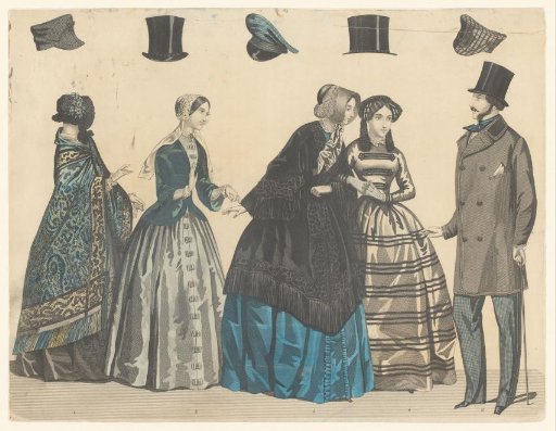 Four Women and a Man in Fashionable Clothing, Above Them Five Headdresses