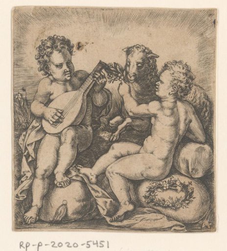 Two boys with a lute and flowers by a lamb