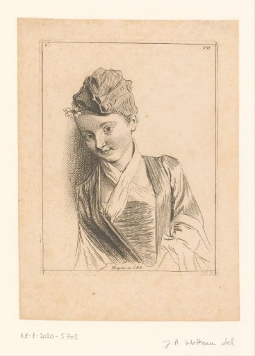 Girl with a scarf and a flowered headdress, leaning against a wall