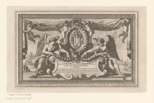 Two angels beside a cartouche with title