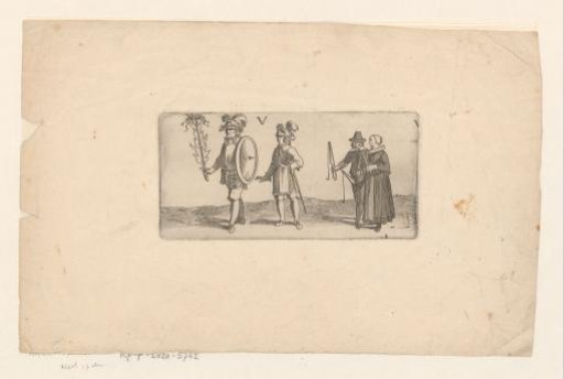 Two soldiers and a man and woman with broken swords and fishing rods