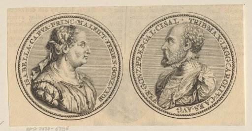 Front and reverse of two medals with the portraits of Isabella Capua and Ferrante Gonzaga