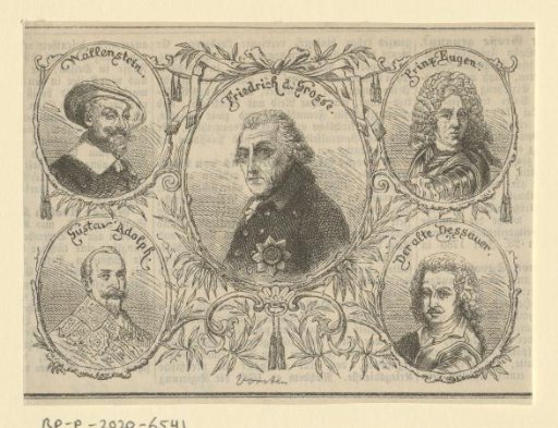 Portrait of Albrecht von Wallenstein, Gustavus Adolphus of Sweden, Frederick the Great, Eugene of Savoy, and Leopold I of Anhalt-Dessau