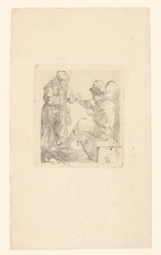Woman with a jug and a pipe-smoking peasant